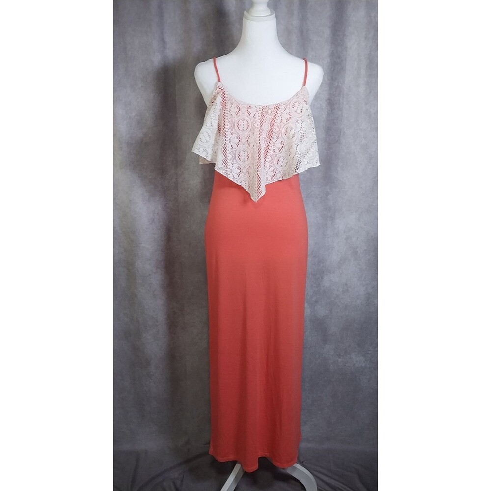 rue21 Coral Maxi Dress White Crochet Lace Flounce Top - Size Small